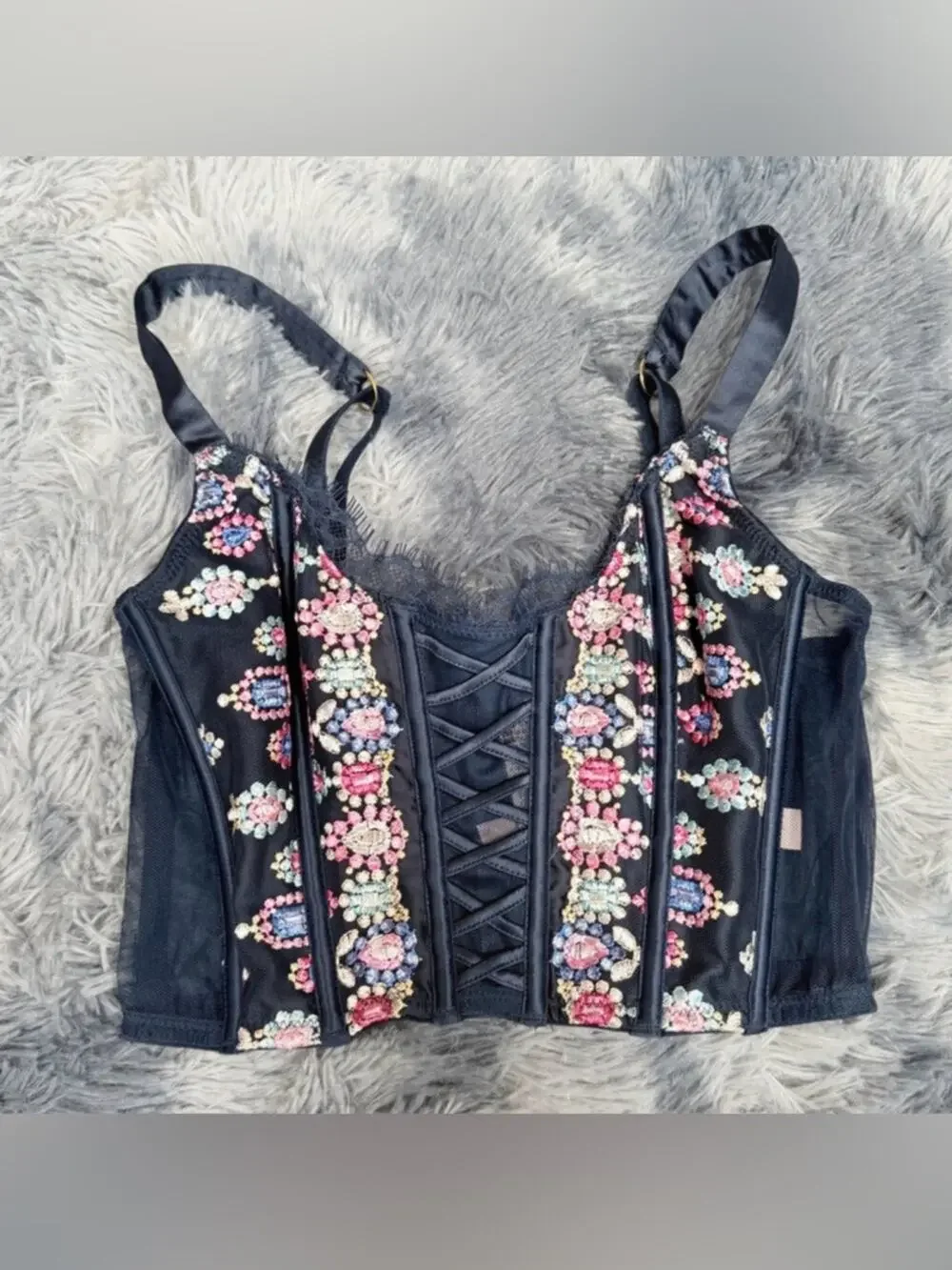 floral Embroidered corset bra unlined women xsmall A-cup coquette whimsygoth